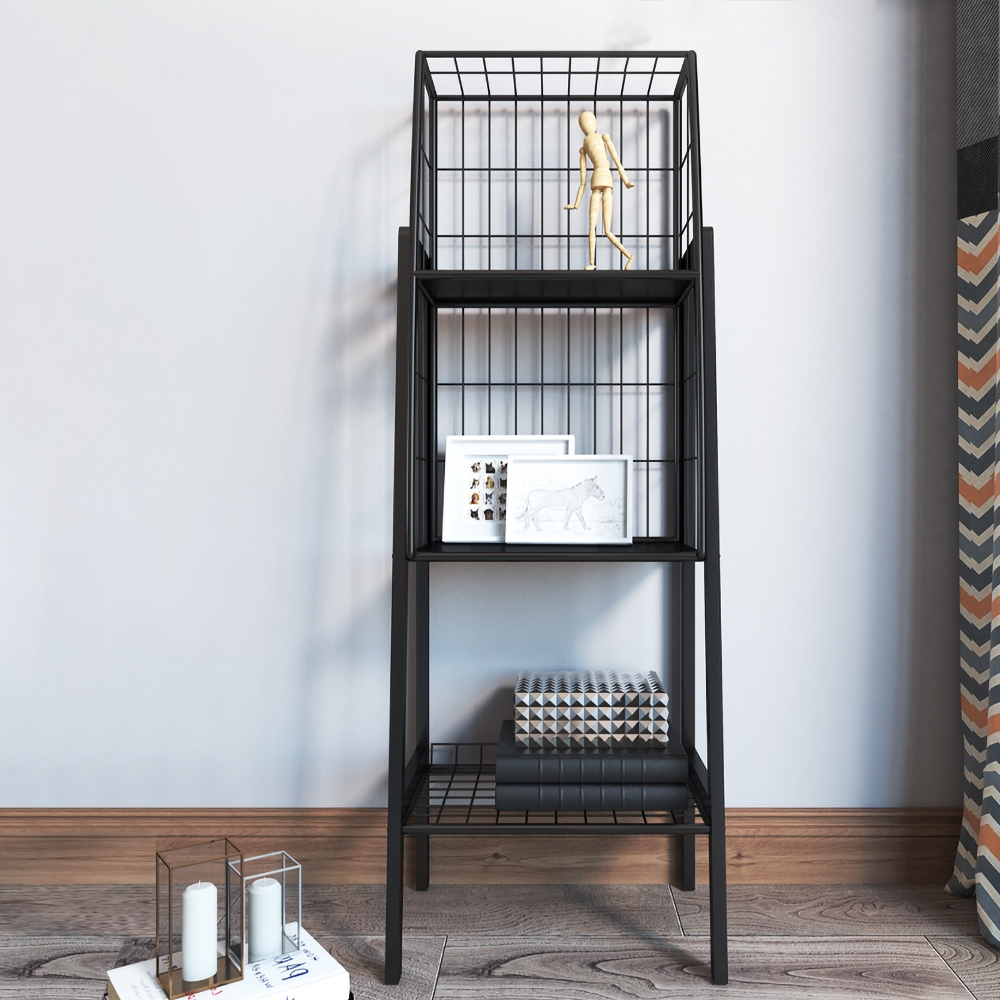 Industrial Black Bookshelf with 3-Tier Basket Office Bookcase