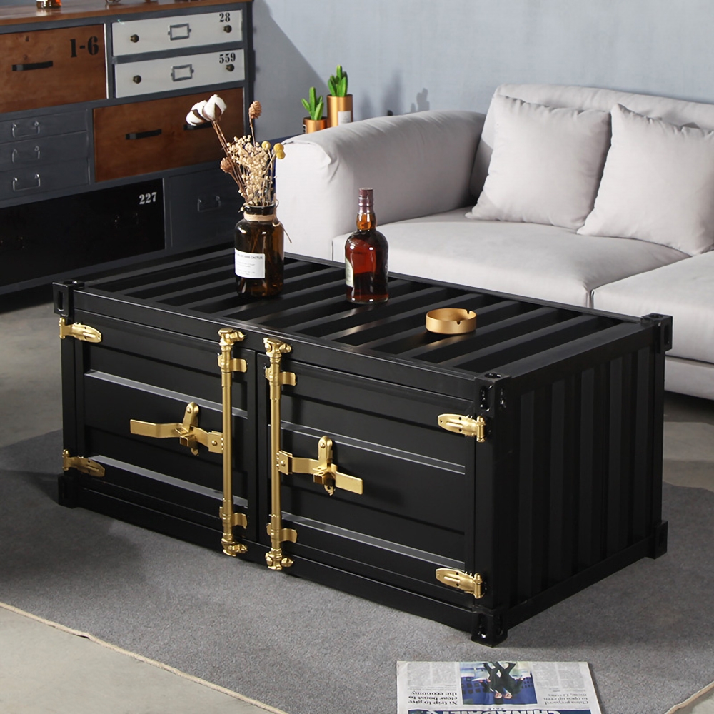 

39" Cargo Container Industrial Style Black&Gold Coffee Table with Storage 2 Door