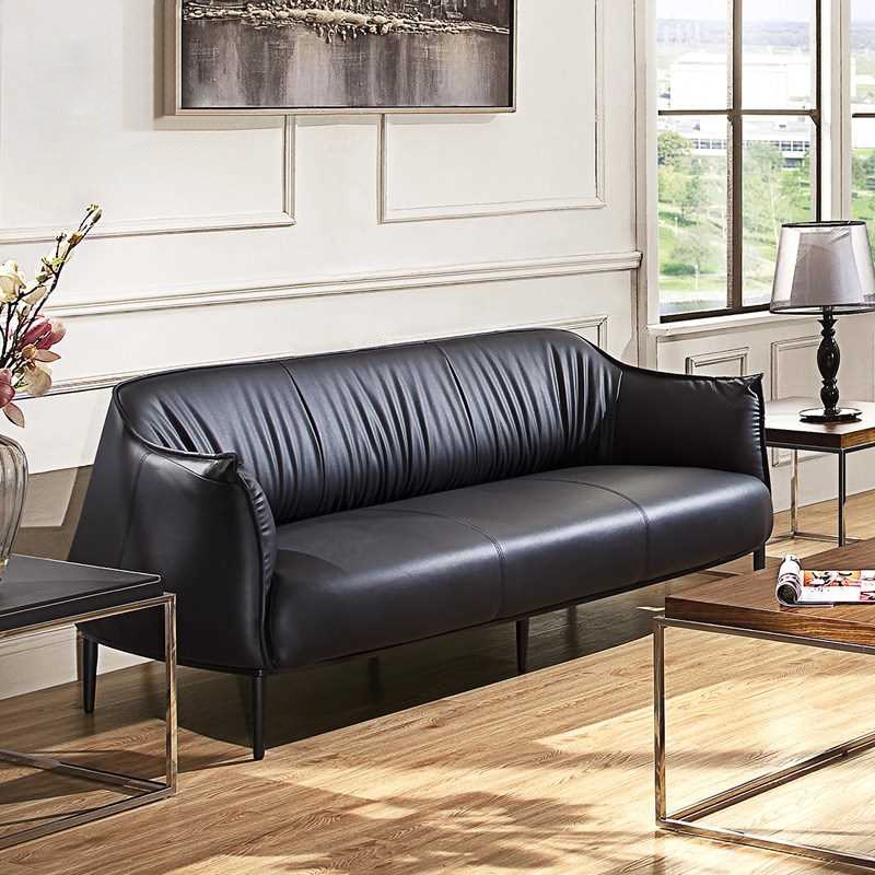 Mid-century Modern Black Upholstered Faux Leather Sofa Wood Frame Curved Back Sofa In Small