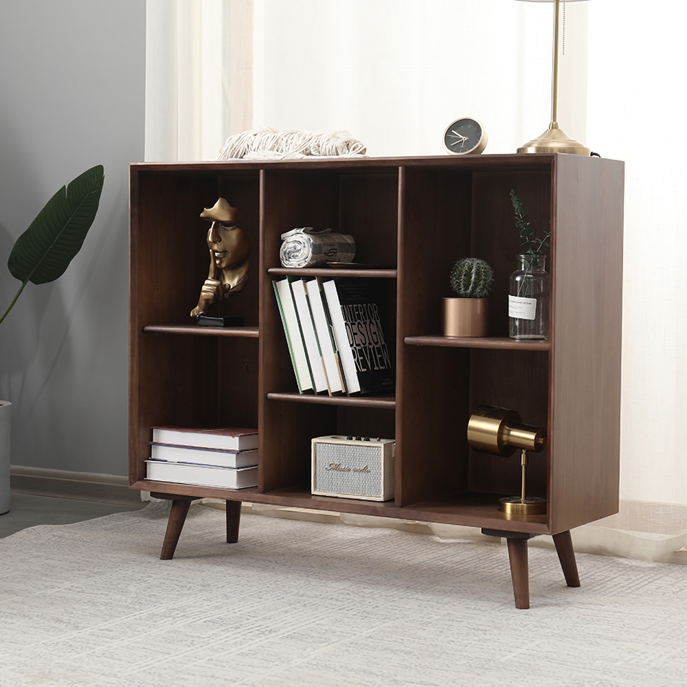 

Rustic Walnut Wooden Bookcase with Compartments Office Bookcase