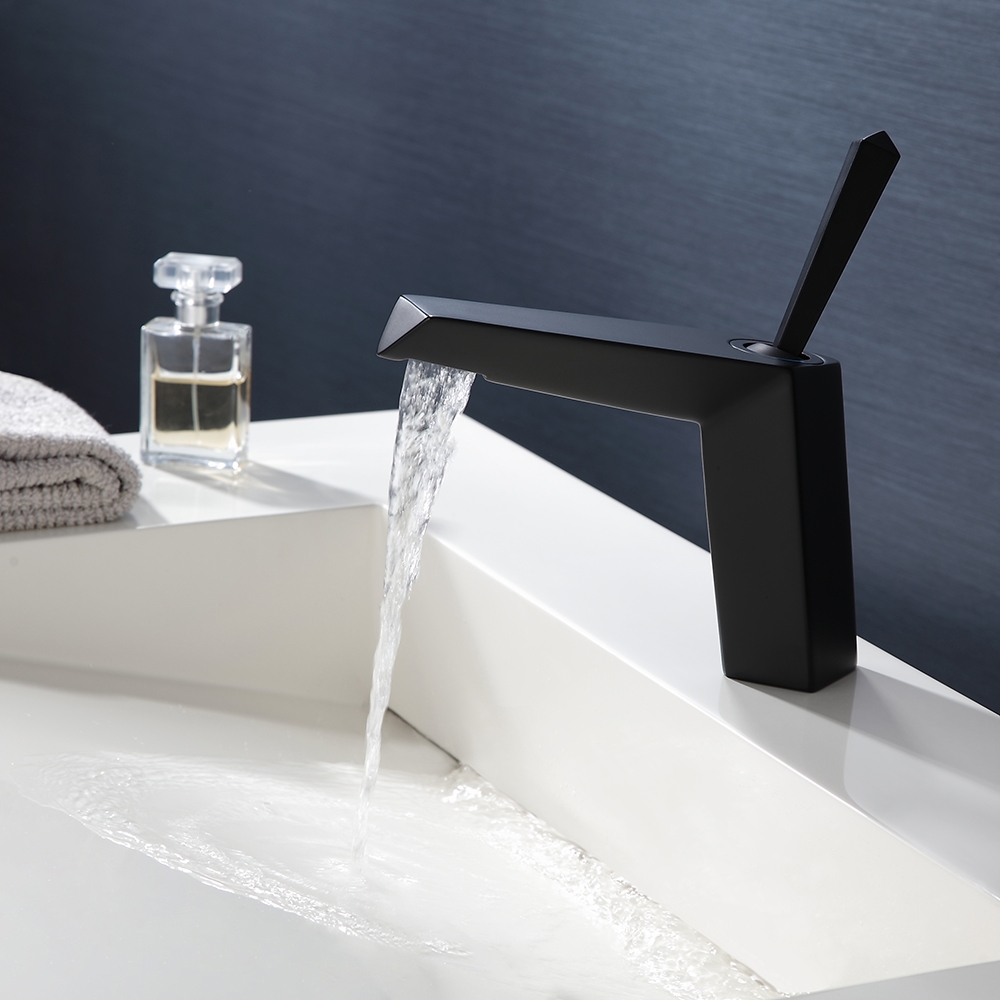 

Modern Waterfall Solid Brass Bathroom Sink Faucet Matte Black 1-Handle Single Hole