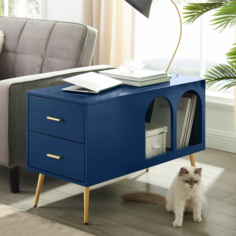 Blue End Table with Storage Living Room Side Table 2 Drawer & Open Storage