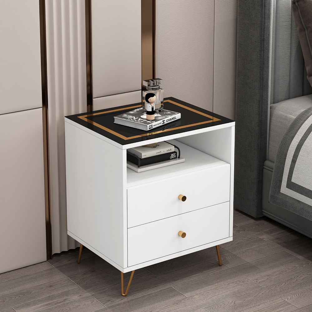 White Bedroom Nightstand with 2-Drawer Tempered Glass Top Modern Bedside Table