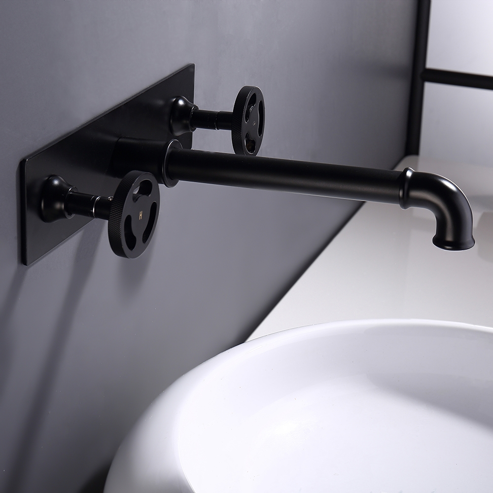 Ruth Industrial Pipe Matte Black Wall Mounted Bathroom Basin Mixer Tap Double Handles Solid Brass