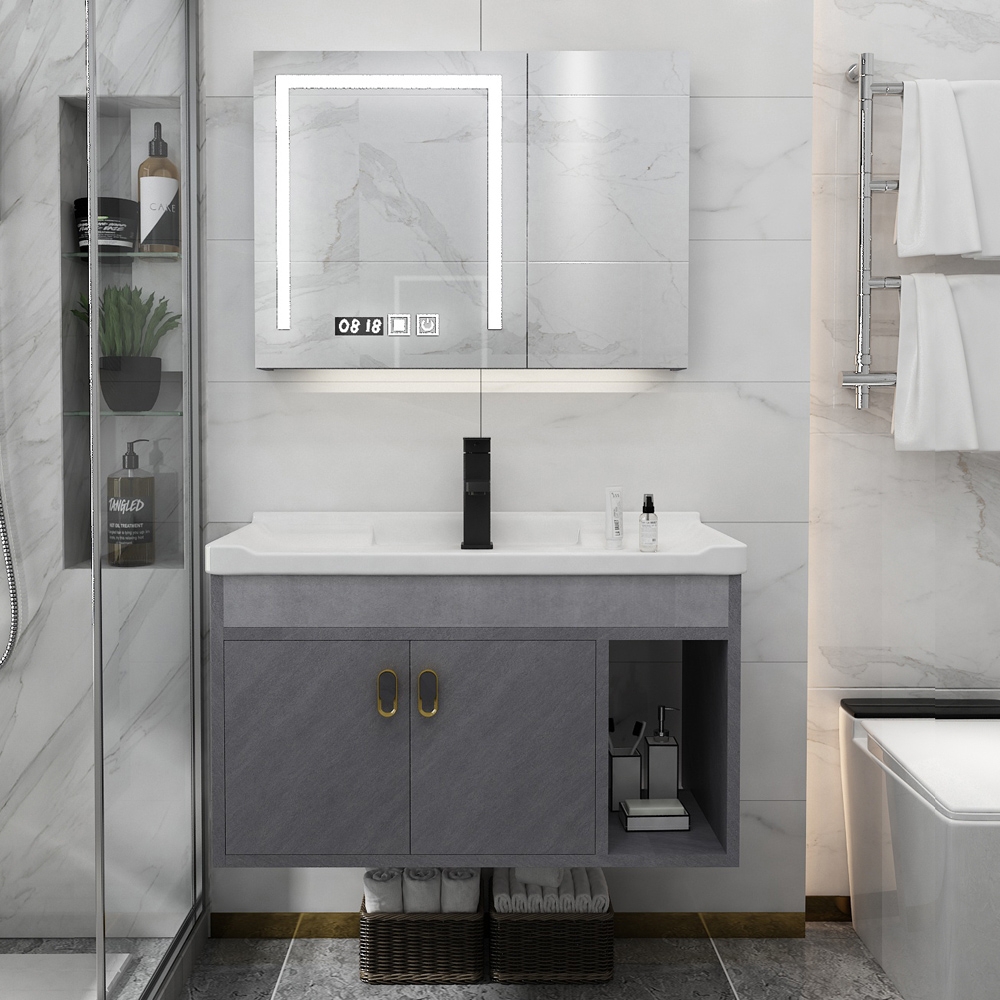 

28" Gray Floating Single Vanity with Ceramic Top Bathroom Cabinet with Door