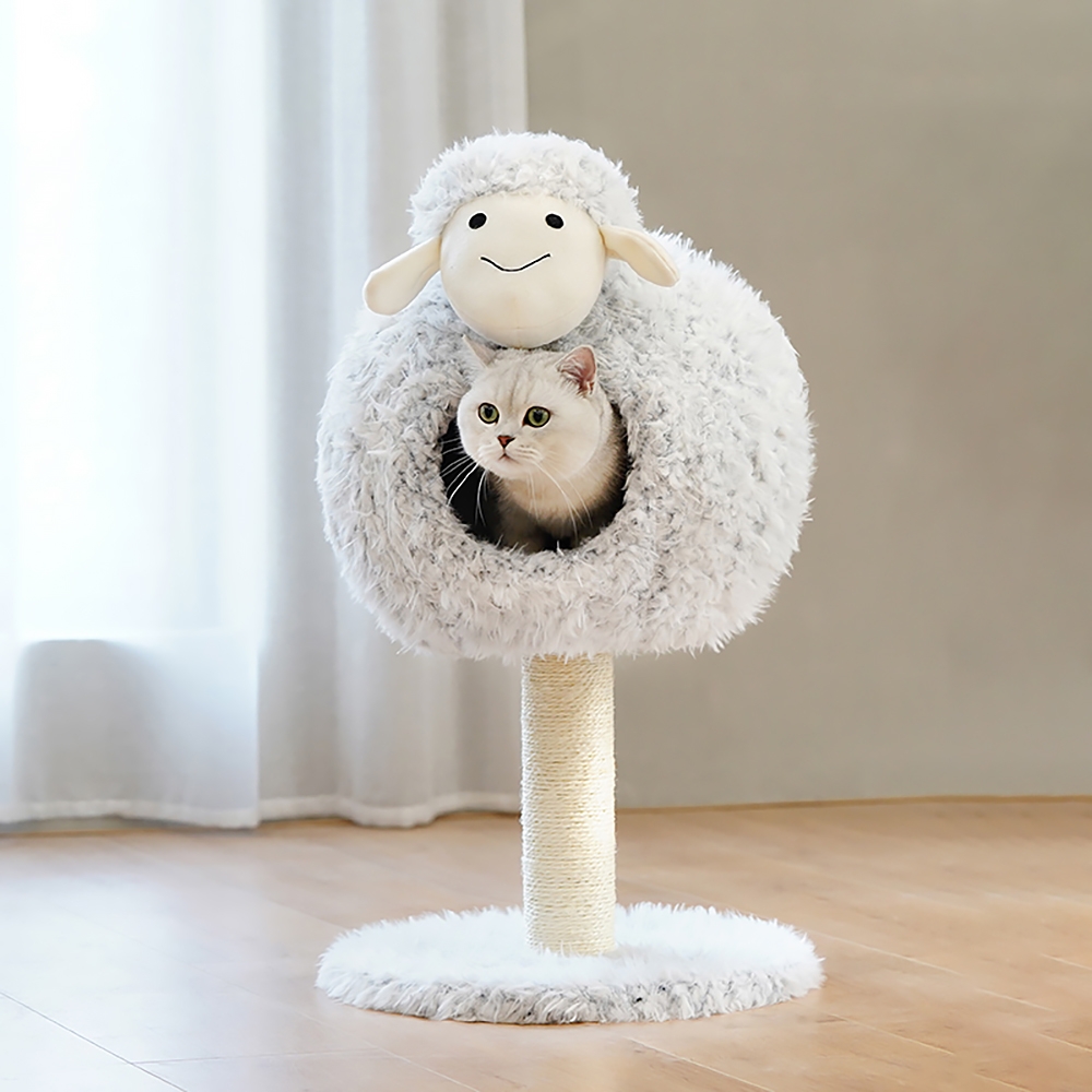 27.6" Shaggy Lamb Cat Bed Cat Tree & Perch With Scratching Post