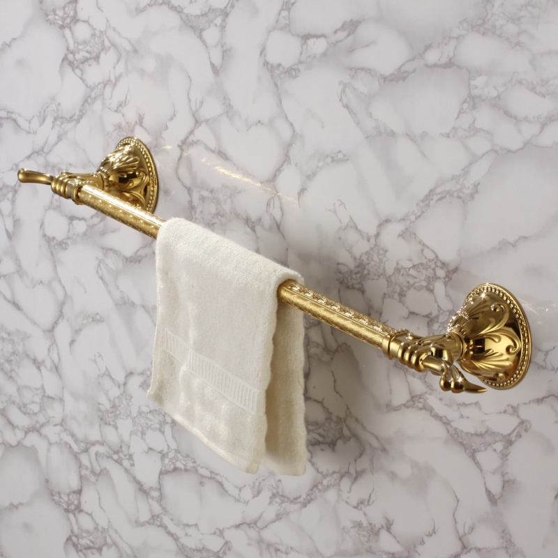 Atre Luxurious Style Solid Brass Gold Bathroom Wall Mounted Carved Single Towel Bar