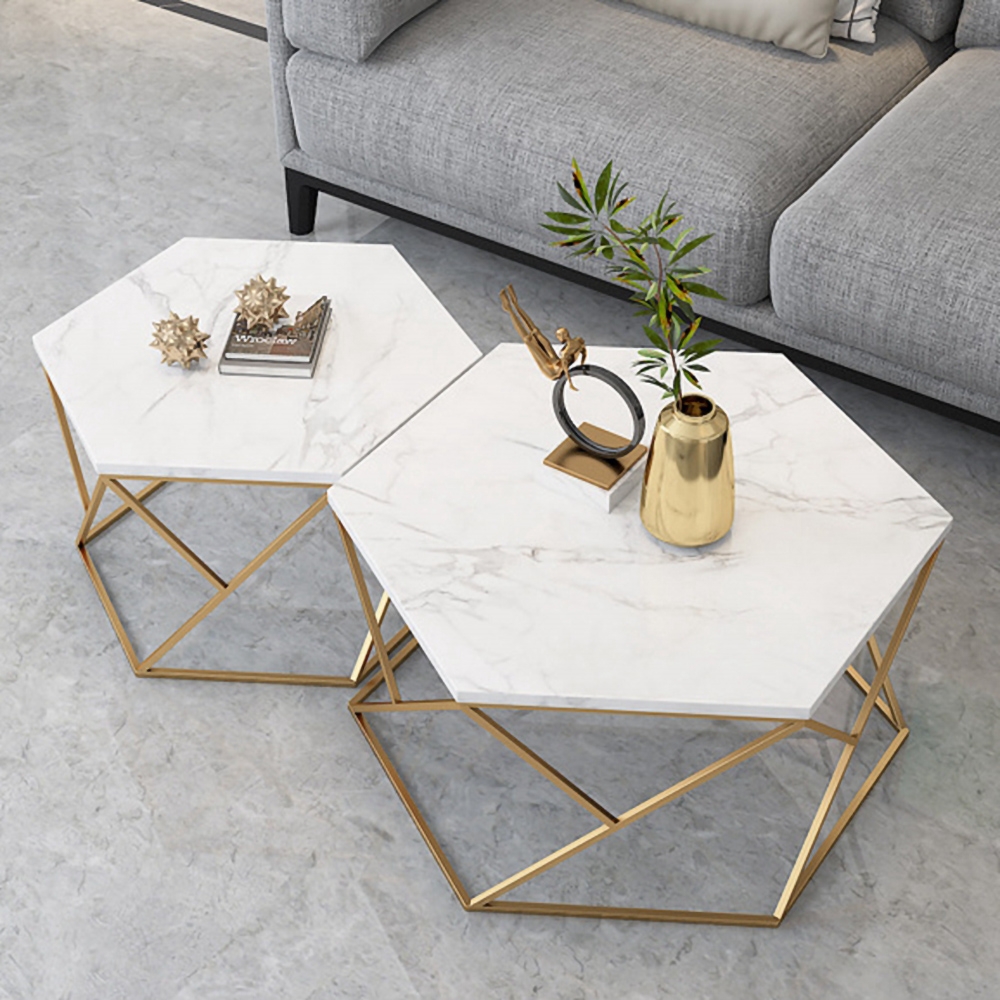 White Hexagon Coffee Table Set with Marble Top Metal Frame 2Piece