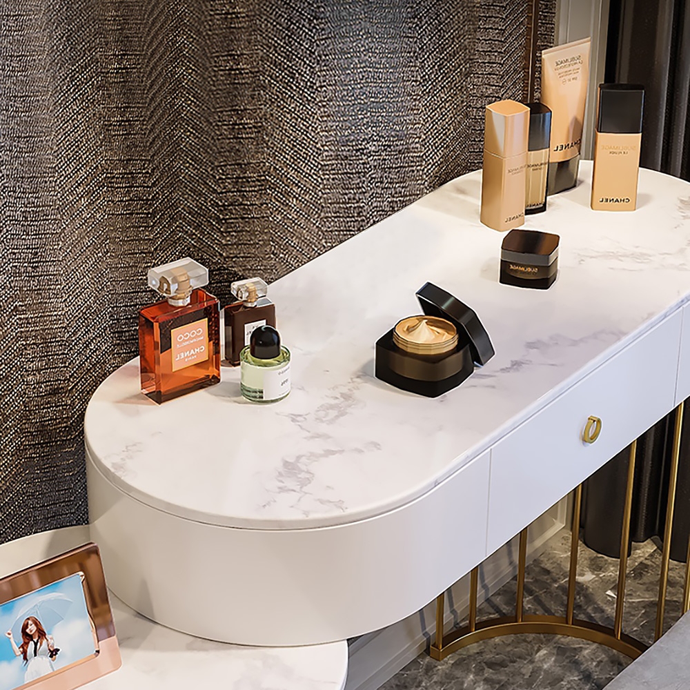 Modern White Faux Marble Tabletop 3Drawer Dressing Makeup Vanity