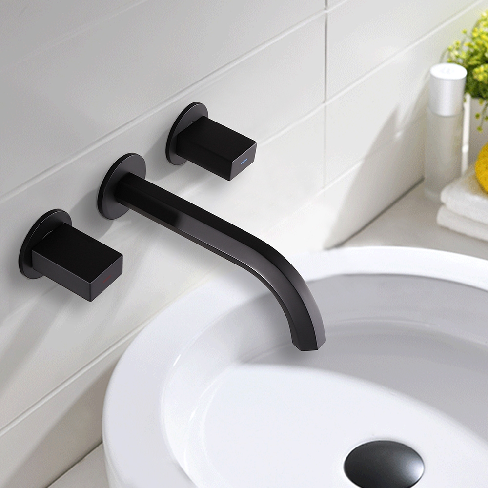Modern Wall Mounted Aerated Spout Bathroom Sink Faucet Double Handle Finished in Matte Black Solid Brass