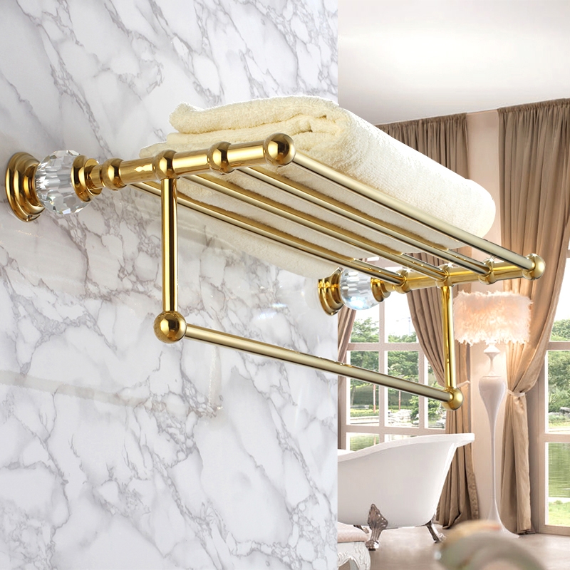Charles Luxurious Wall Mounted Gold Towel Rack And Towel Bar Bathroom Shelves With Clear Crystal Solid Brass