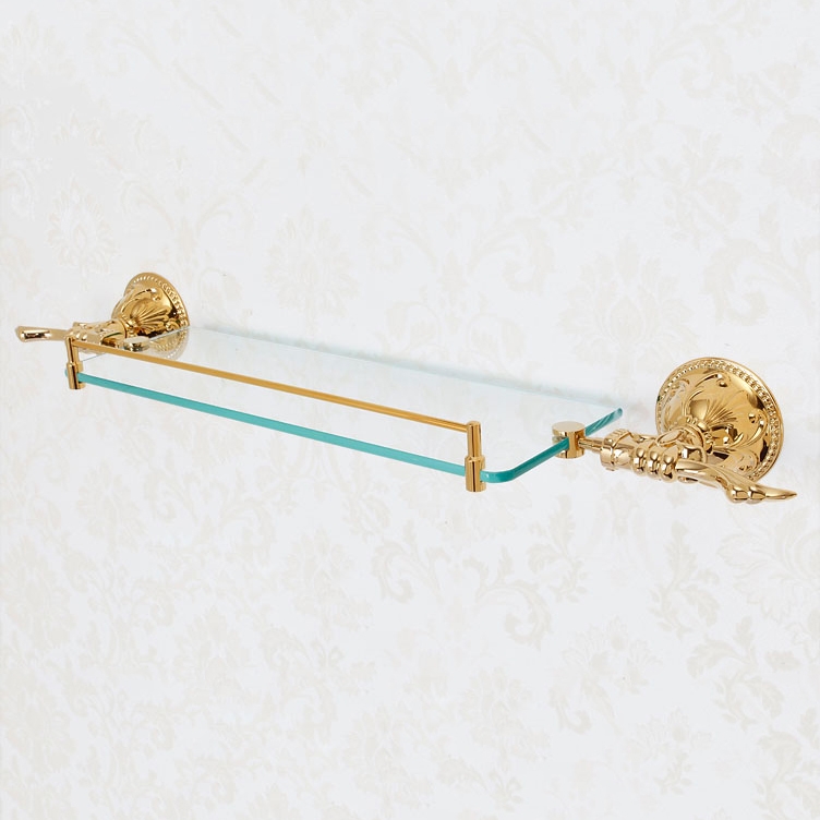 Atre Luxury Carved Single Glass Shelf Wall Mounted Bathroom Accessory In Gold Solid Brass