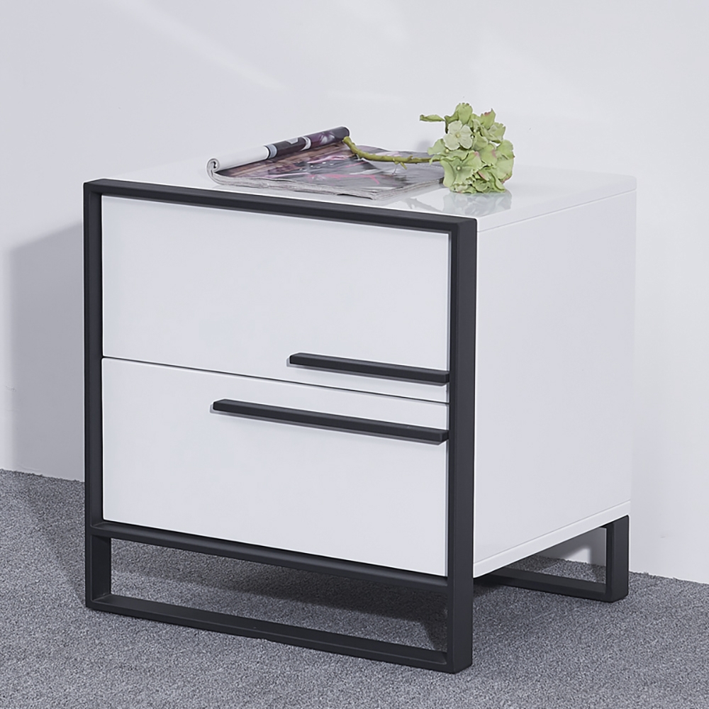 Modern Minimalist Black & White Square Bedside Table with 2 Drawers