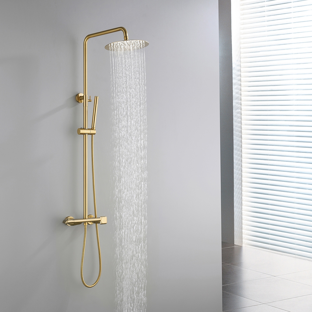 Image of 10" Modern Luxury Exposed Shower Fixture Thermostatic Rainfall Shower Head Brushed Gold