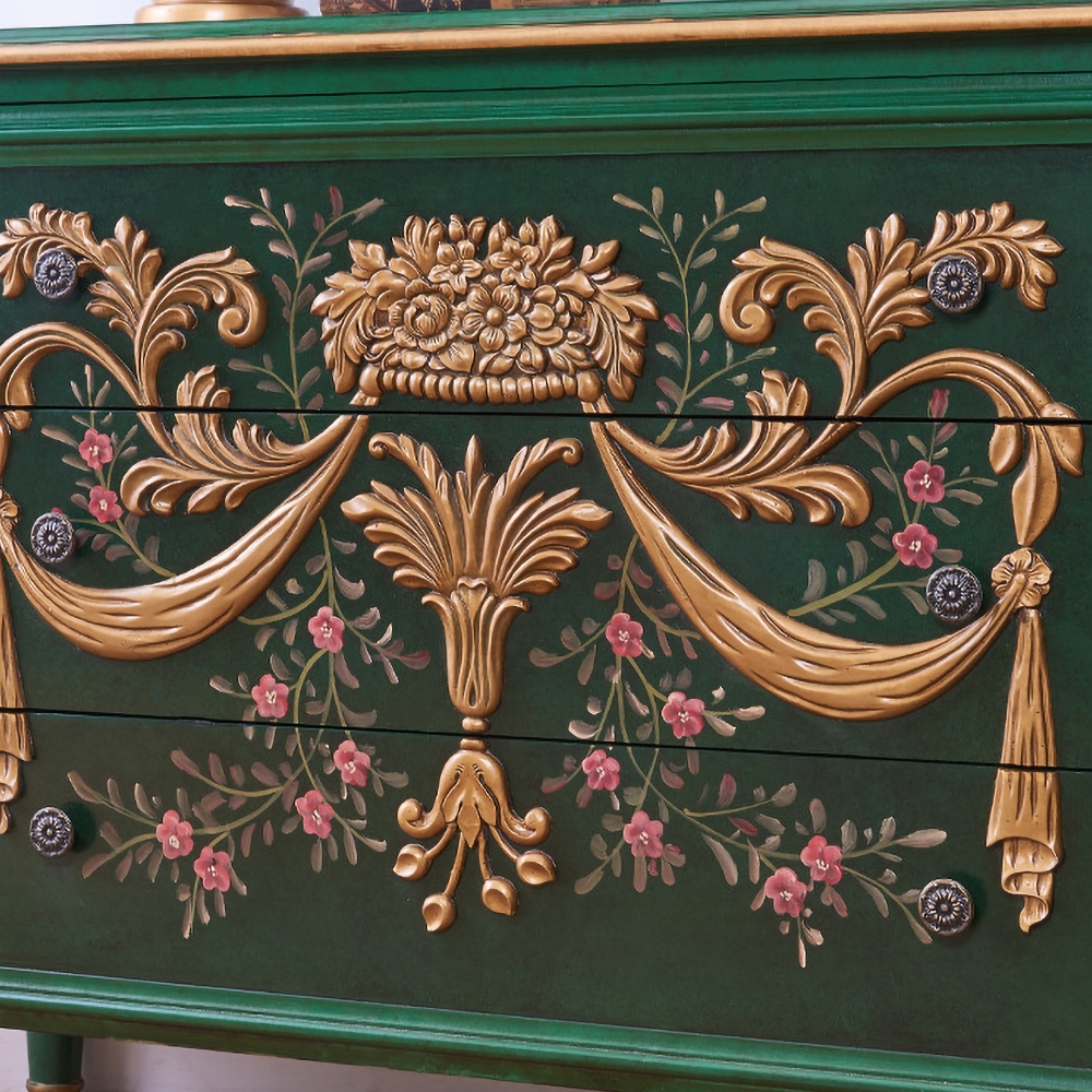 1200mm Classic Green Entryway Cabinet Embossed Flower Patterns 3 Drawers