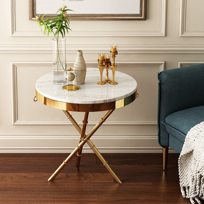 

Modern Stylish Gold Side Table Round White End Table with Faux Marble Top & Trestle Base
