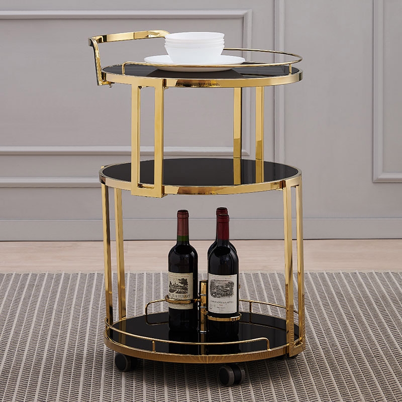 Rolling 3Tier Round Bar Cart Gold and Black with Wheel & HandleHomary