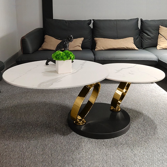 White Extendable Coffee Table with Ring-shaped Metal Pedestal