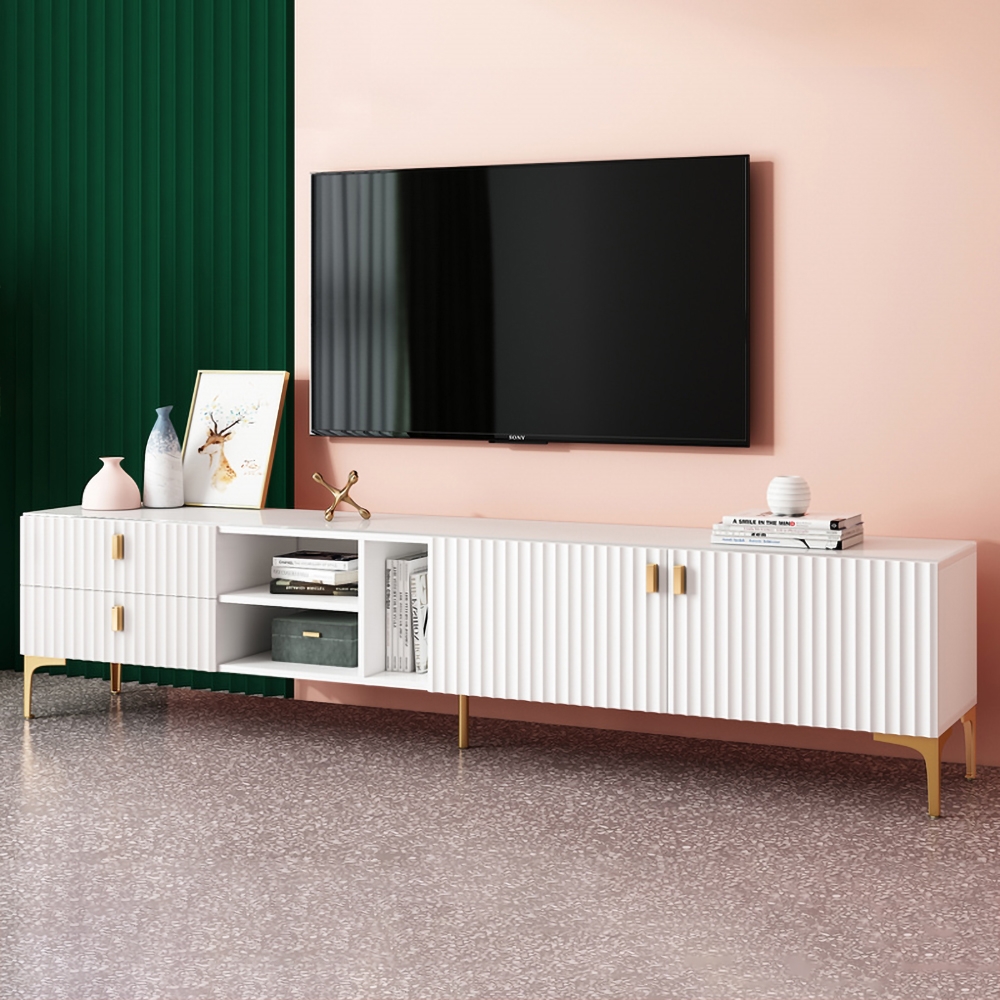 Weißes Holz TV-Ständer in Gold für Fernseher bis zu 85" mit 3 Regalen, 2 Schubladen, 2 Türen