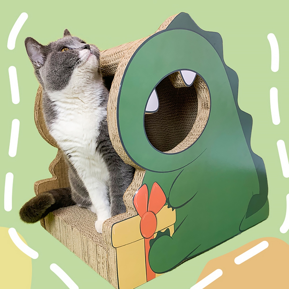 17.7" Dinosaur Shape Cat House Corrugated Board Cat Cave Bed In Green/pink