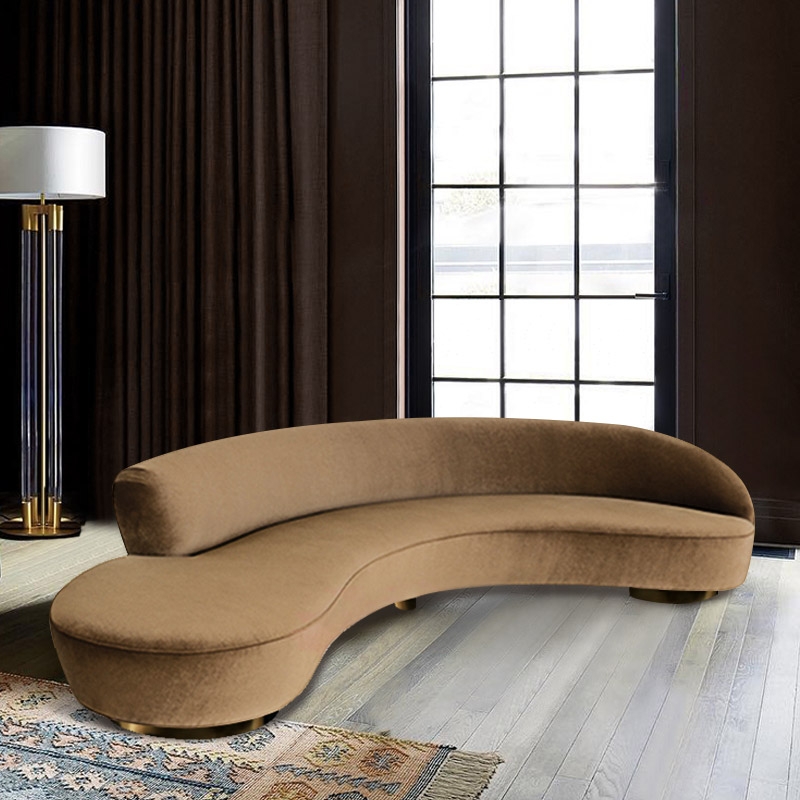 Mid-Century Modern Curved Circular Sofa 3-Seater Armless Velvet Sofa in Khaki Small