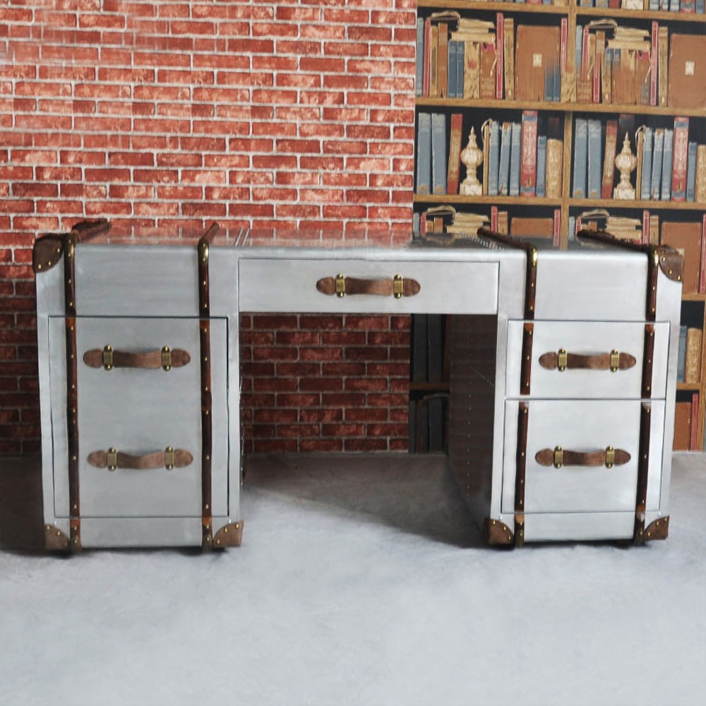 Industrial Aviator Office Desk with Drawers Aluminum Desk