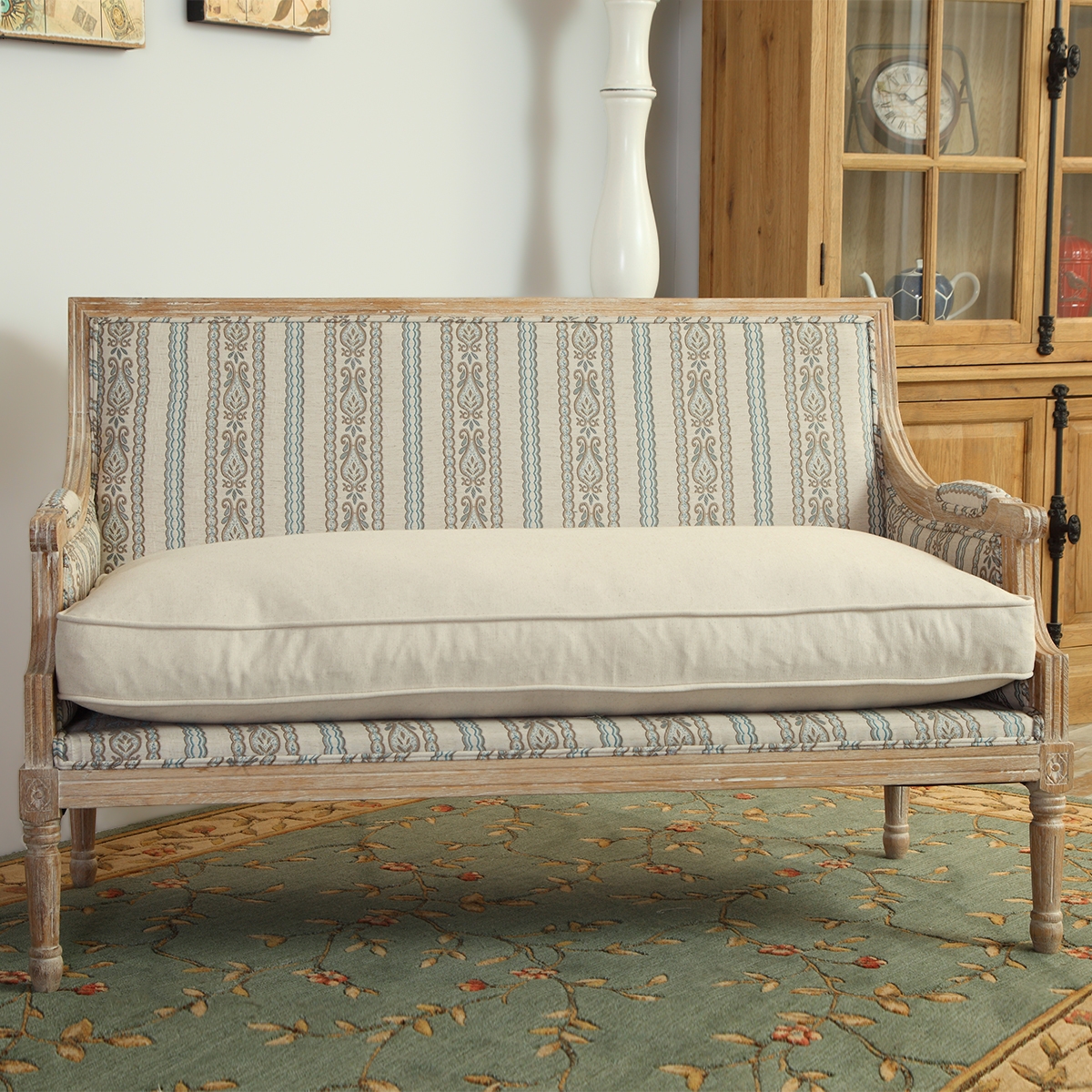 Farmhouse Linen Upholstered Oak Settee Pattern Sofa In Natural Color