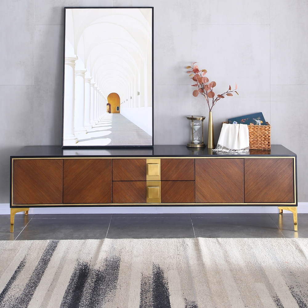 

78" Modern Black & Walnut TV Stand Solid Wood Entertainment Center with Storage