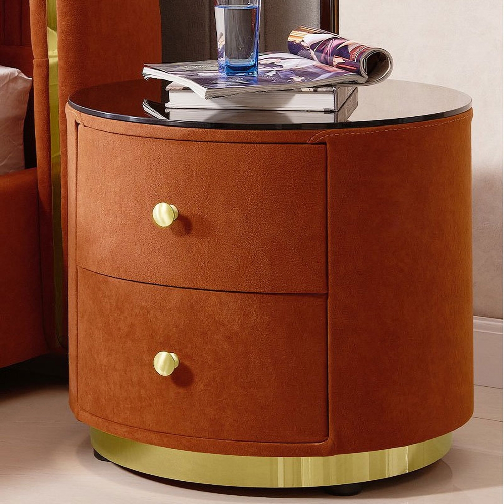 Modern Orange Round Nightstand Solid Wood Glass Top Bedside Table With 2 Drawers