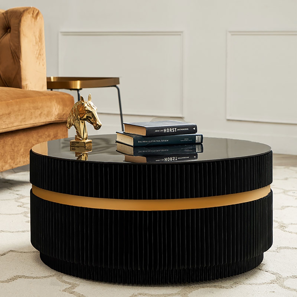 

Modern Black Round Foldable Coffee Table with Tempered Glass Top