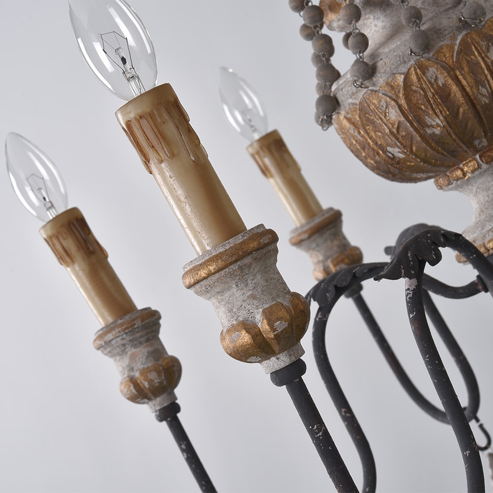 Retro Rustic 6-Light Sculpted Wood Rust Metal Clear Crystal Candle Style Chandelier
