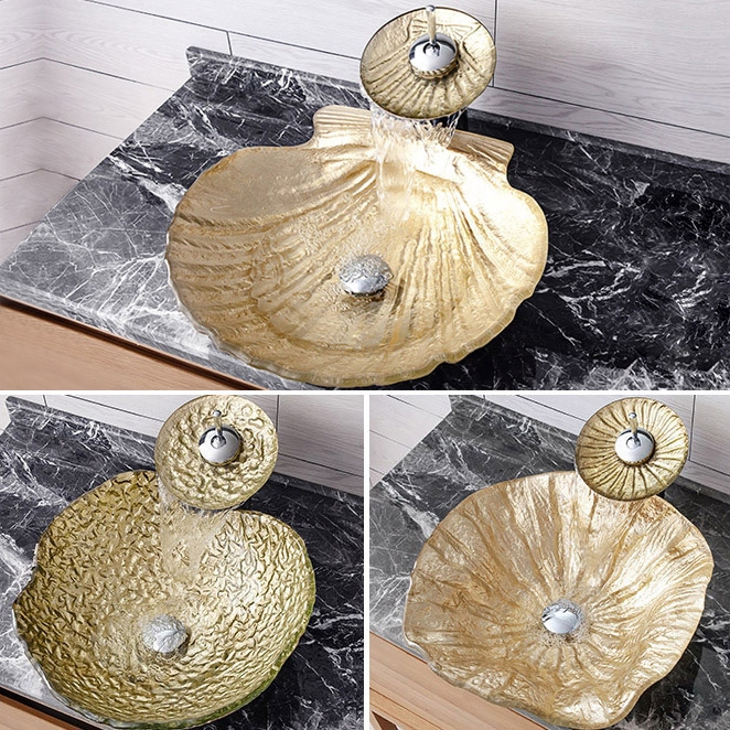 Gold Irregular Tempered Glass Counter Top Basin with Waterfall Tap Set