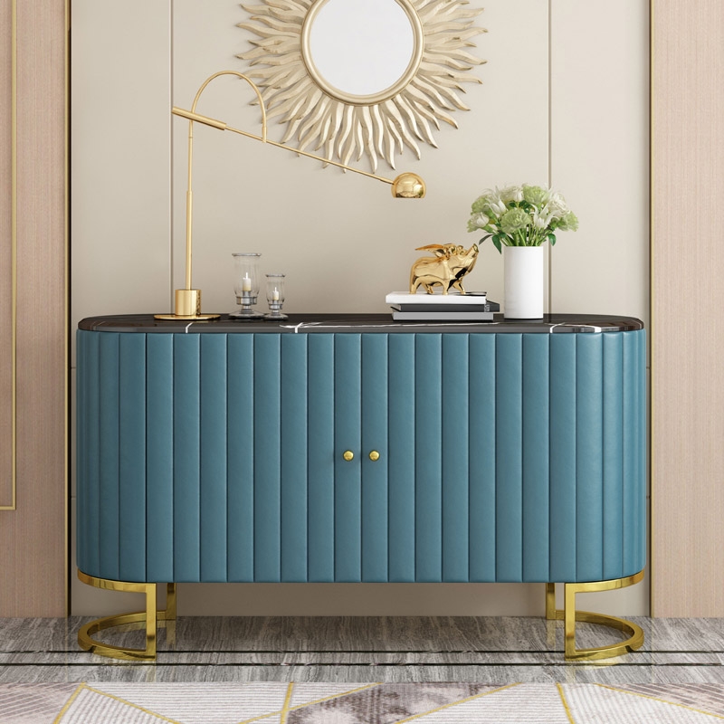 Modern Luxury 2-Door Sideboard with Marble Top Stainless Steel Frame in Gold Cabinet Buffet Table Blue & Black