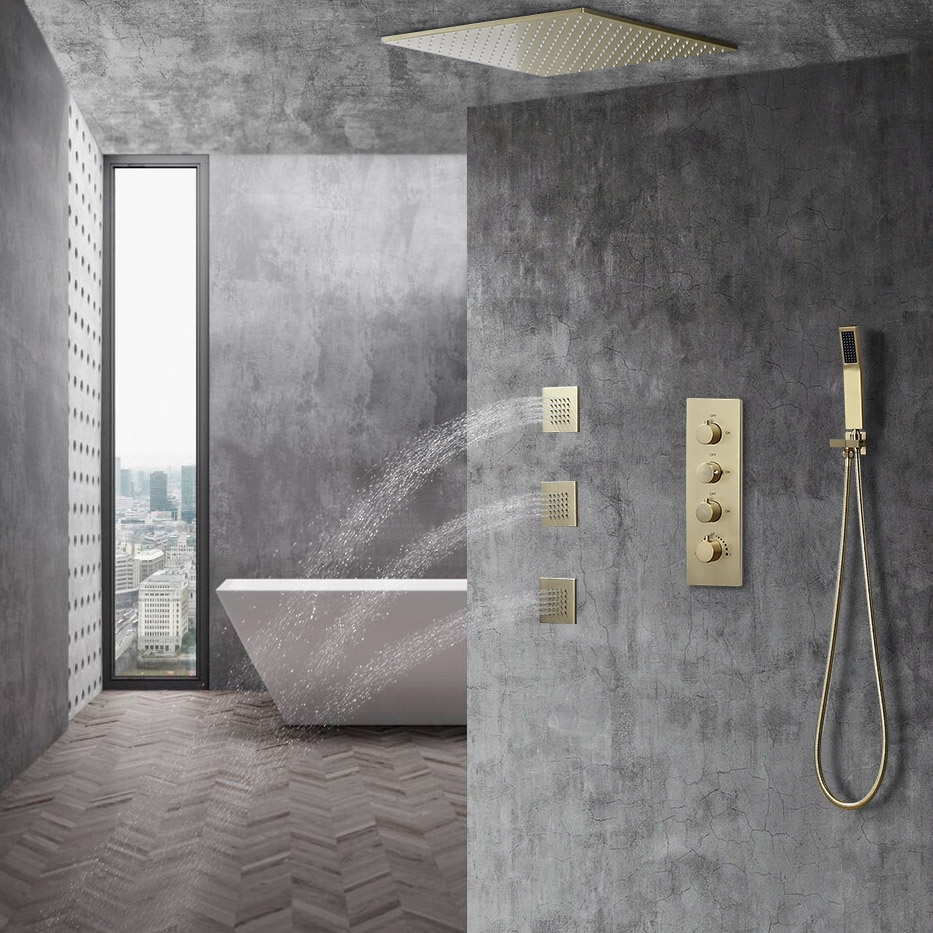Thermostatic 20" Rain Shower System with Hand Shower & Body Sprays in Brushed Gold
