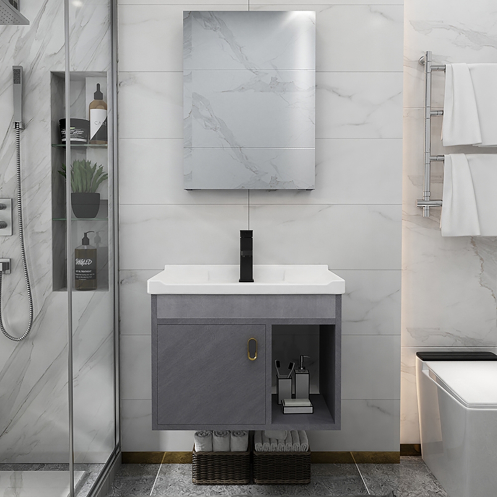 

24" Gray Floating Single Vanity with Ceramic Top Bathroom Cabinet with Door