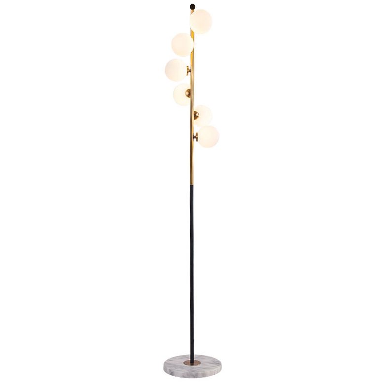 Modern White Globe Glass 6-Light Floor Lamp with Round Marble Base in Black and Gold