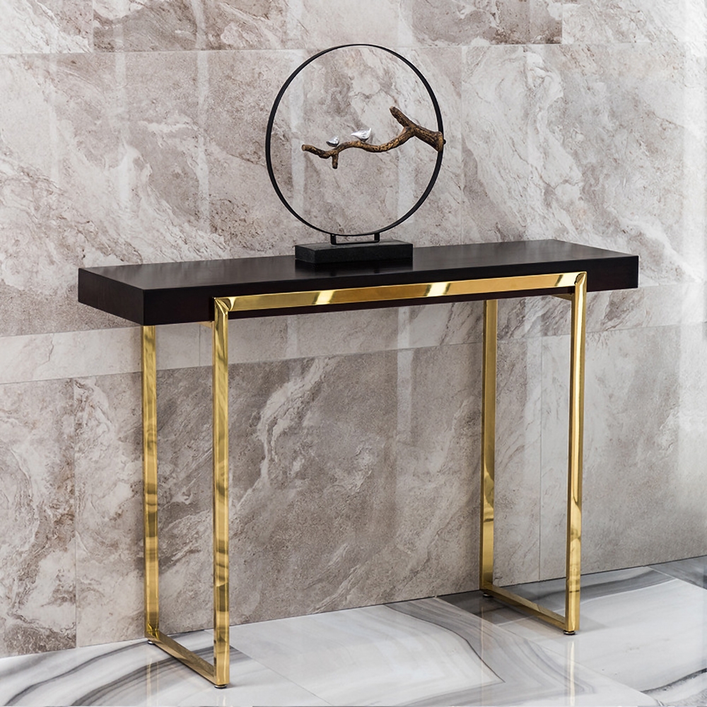 

39" Black & Gold Solid Wood Console Table Accent Table for Entryway Square Base