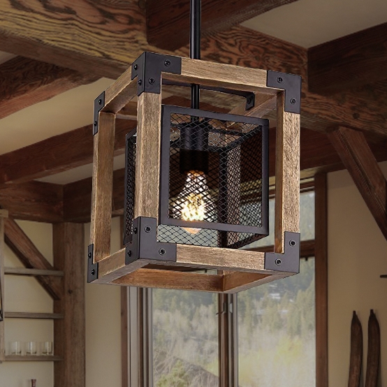 Farmhouse 1-Light Lantern Pendant Light Industrial Black Metal Wire Cage Wood Ceiling Light