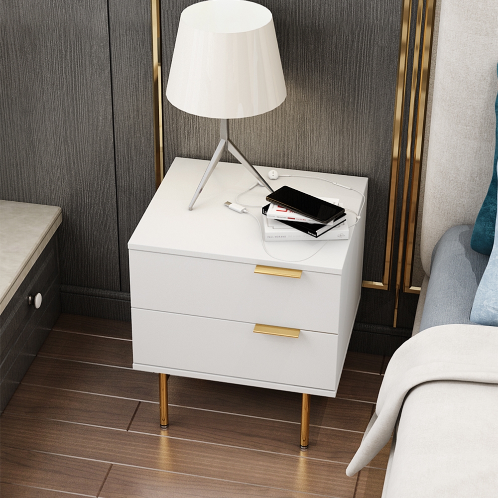 

Modern White Bedroom Nightstand with 2-Drawer Bedside Table Stainless Steel in Gold