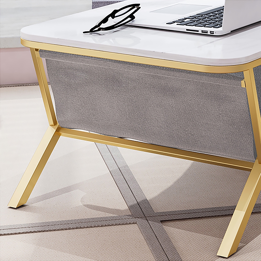 White Rectangular Coffee Table with Storage Modern Faux Marble Accent Table Metal in Gold