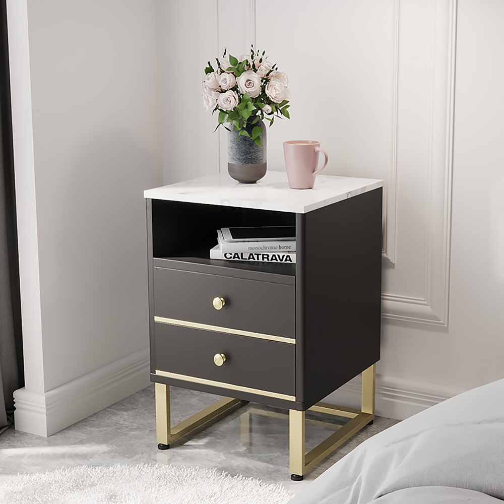 Black & Gold Nightstand Modern Stylish Side Table for Bedroom with 2 Drawers with Shelf