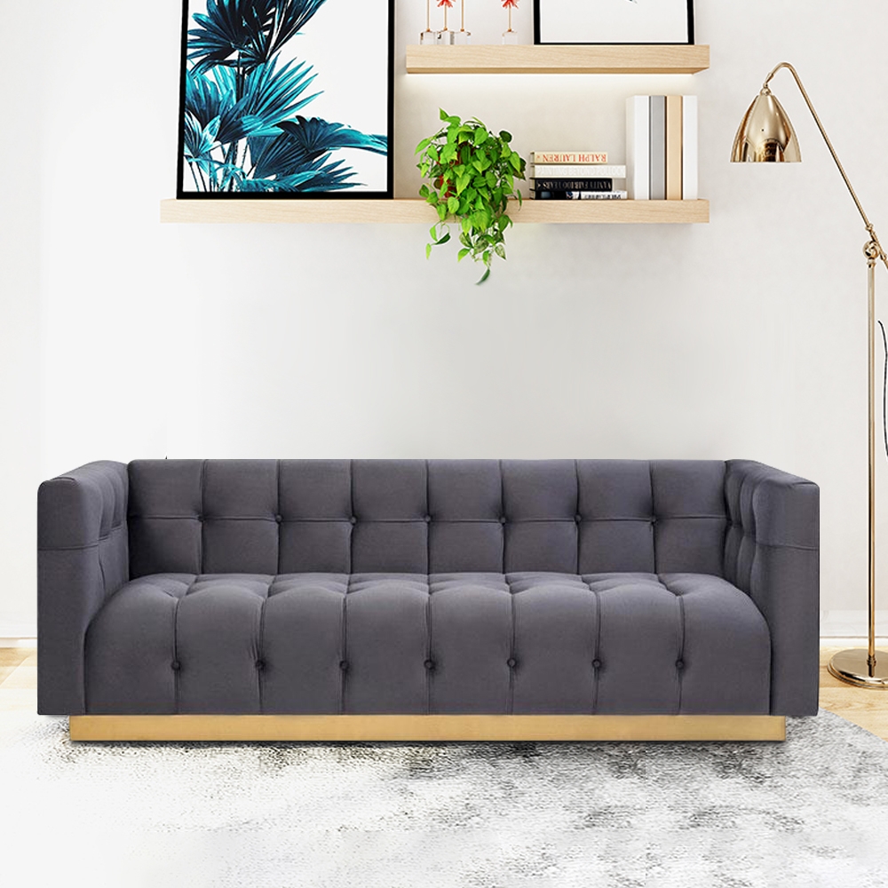 Gray Velvet Upholstered Sofa 3-seater Sofa Luxury Sofa In Gold Metal Frame
