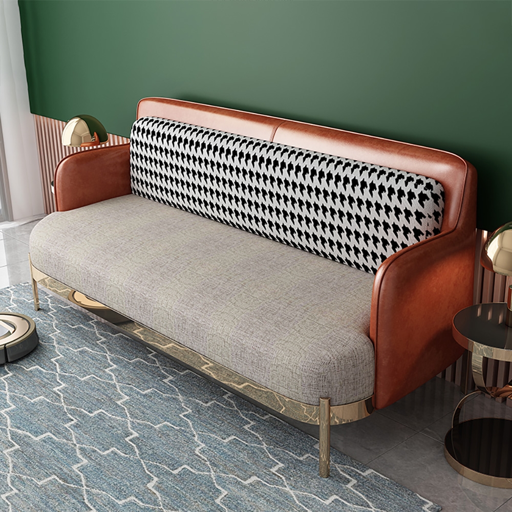 Gepolstertes Sofa im Retro-Stil aus Baumwolle und Leinen, 3-Sitzer-Sofa, Edelstahlrahmen mit goldenen