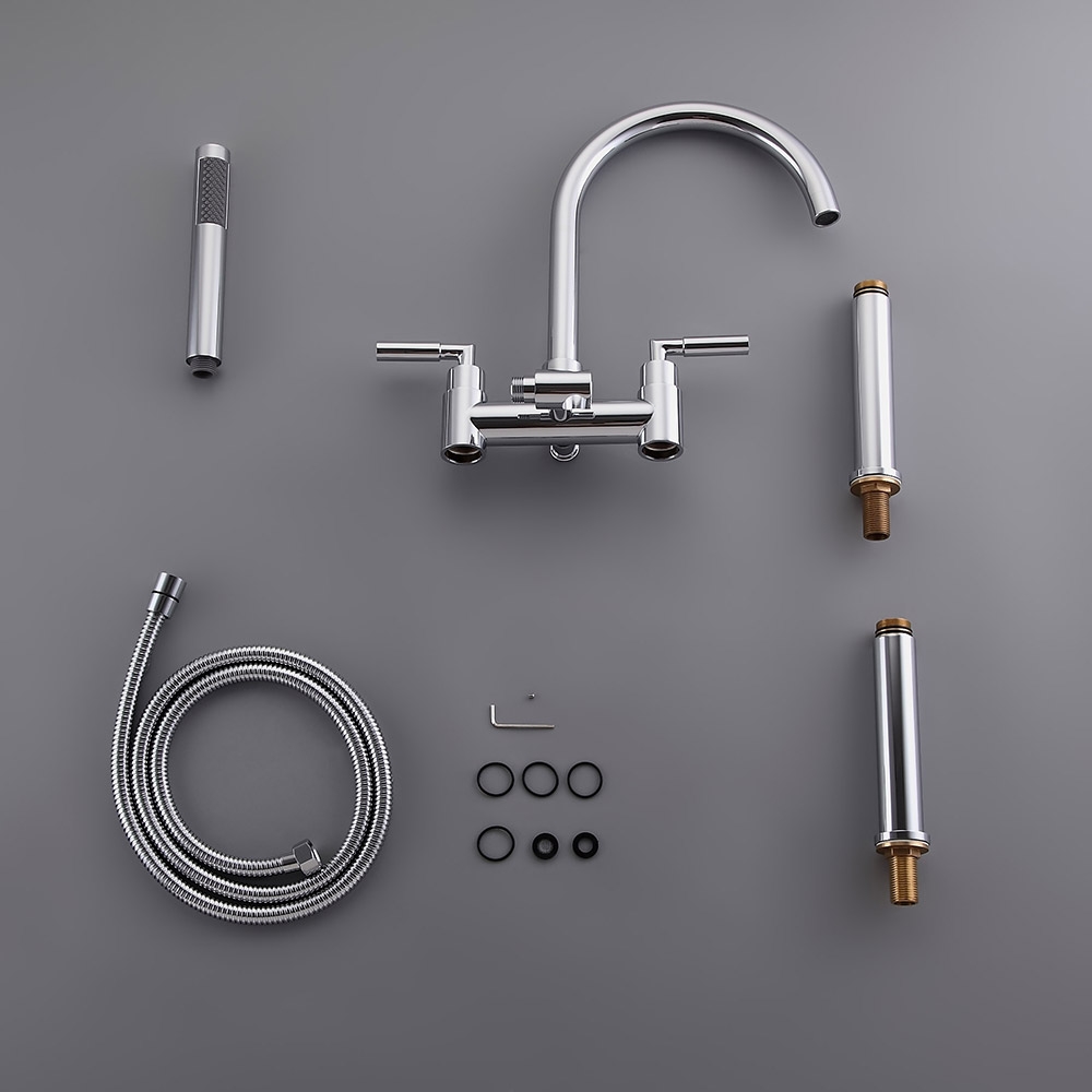 Stev Modern Dual-Handle Deck-Mount Chrome Clawfoot Tub Filler Faucet Hand Shower Included