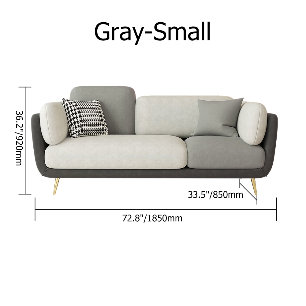 1850mm Grey Upholstered Sofa 3-Seaters Modern Gold Couch for Living Room in Small