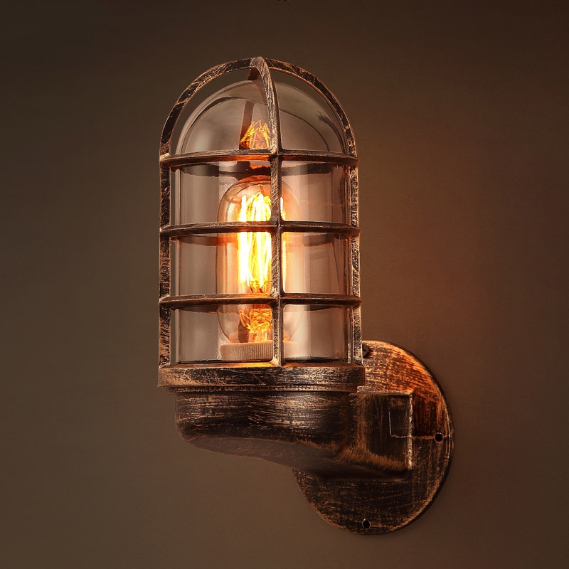 Industrial Rust Metal Cage Single Light Wall Lamp with Clear Glass Shade