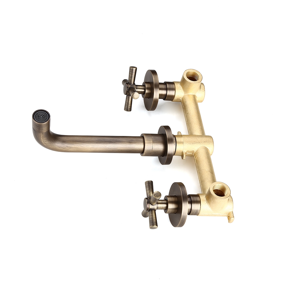 Melro Classic Wall Mounted Double Cross Handle Bathroom Basin Mixer Tap in Antique Brass