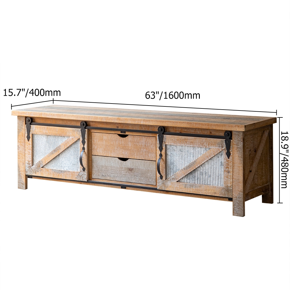 Rustic Natural TV Stand with 2 Drawers & 2 Sliding Doors Media Console for TVs up to 70"