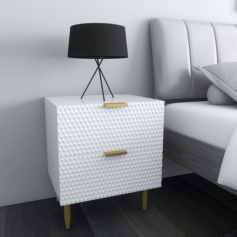 

Nordic White Nightstand 2-Drawer Bedside Table in Gold
