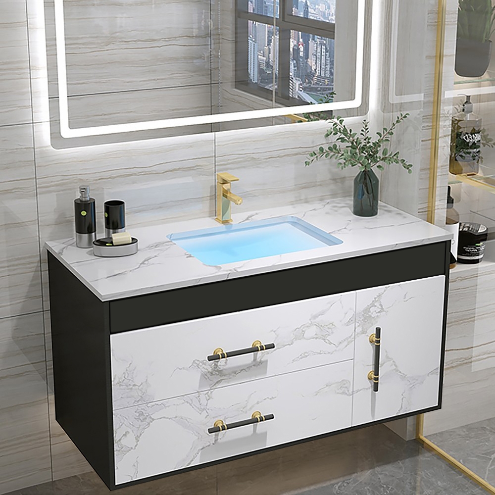 24" Floating Bathroom Vanity White Faux Marble Top & Sink with 2 Drawers